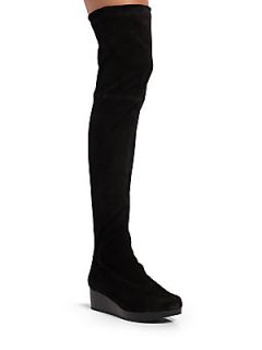 Robert Clergerie Stretch Suede Over The Knee Platform Wedge Boots   Black