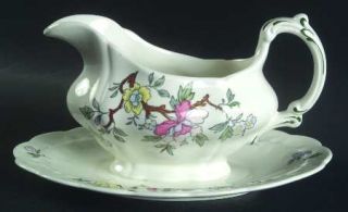 Booths Chinese Tree Gravy Boat with Attached Underplate, Fine China Dinnerware  
