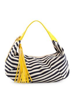 Striped Herringbone Canvas Contrast Hobo Bag, Navy/Yellow
