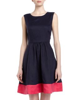 Colorblocked Linen Fit And Flare Dress, Navy/Pink