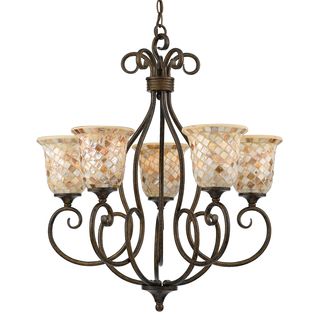 Quoizel Mosaic 5 light Chandelier (Steel Finish MalagaNumber of lights Five (5)Requires five (5) 100 watt A19 medium base bulbs (not included)Dimensions 28.5 inches high x 25 inches deepShade dimensions 6 x 6Weight 19 poundsThis fixture does need to 