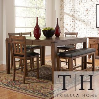 Tribecca Home Kai Oak Brown Casual 6 piece Counter Height Dining Set (Dark brown Materials Oak, bi cast vinyl Finish Oak  Glass None Upholstery materials Bi cast vinyl  Number of chairs 5 Seat height 24 inches  Table dimensions 36 inches high x 61 