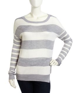 Asymmetric Striped Tunic Sweater, Gray/Off White