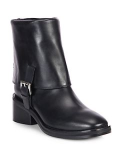 Costume National Leather Mid Calf Fold Over Buckle Boots   Black
