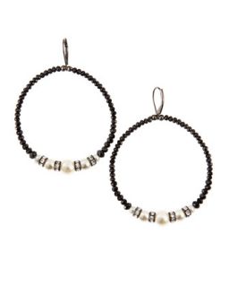 Pearly Accent Beaded Hoop Earrings, Jet