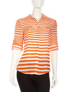 Variegated Stripe Tab Sleeve Blouse, Poppy Orange/White