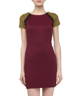 Cap Sleeve Striped Stretch Knit Dress, Raspberry