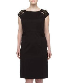 Golden Studded Slit Shoulder Dress, Black, Womens