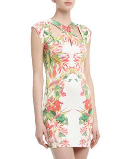 Tropical Print Crisscross Cutout Dress, Tropical White