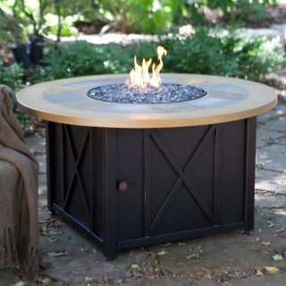 UniFlame Round LP Gas Outdoor Firebowl with Slate and Faux Wood Mantel