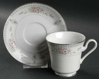 Mikasa Hamilton Footed Cup & Saucer Set, Fine China Dinnerware   Pink &Blue Flow