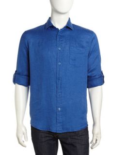 Tab Sleeve Linen Sport Shirt, Dark Blue