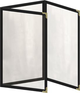 Risch Clear Sewn Menu Cover   Triple Fold Out, Gold Corners, 5 1/2x8 1/2 Black