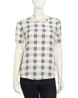 Riley Short Sleeve Houndstooth Plaid Crepe Blouse, Nature/White