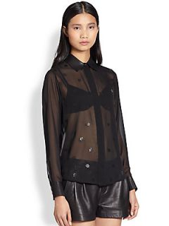 Rag & Bone Dixie Leather Trimmed & Floral Patterned Sheer Shirt   Black