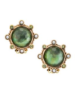 Mother of Pearl and Quartz Button Earrings, Green