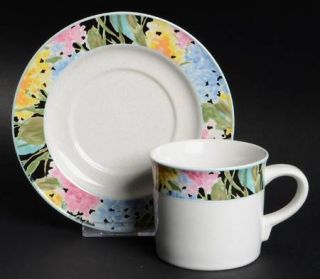 Studio Nova Floral Image Flat Cup & Saucer Set, Fine China Dinnerware   Multicol