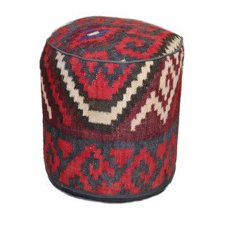 Red/ Grey Wool Upholstered Pouf Ottoman
