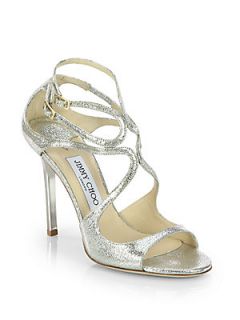 Jimmy Choo Lang Crackled Mirror Leather Sandals   Champagne