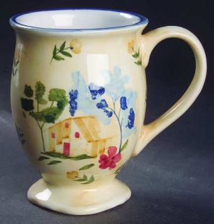 Waverly Provence Mug, Fine China Dinnerware   Barn, Rooster, Flowers, Blue Rim
