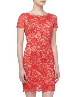 Filigree Beaded Sequined Lace Cocktail Dress, Coral