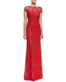 Womens Short Sleeve Ruched Waist Lace Gown, Red   David Meister