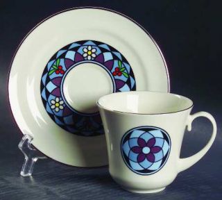 Pickard Mosaic Flat Cup & Saucer Set, Fine China Dinnerware   Purple,Blue Mosaic