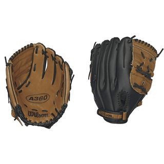 Wilson A0360 Gaming Gloves (Black/brownBrand WilsonClosed back with hook and loop strap Full leather palm and web 2 piece web 11 inchesAdult/child AdultMale/female MaleRight handed throwerMaterial LeatherColor Black/brownBrand WilsonClosed back with