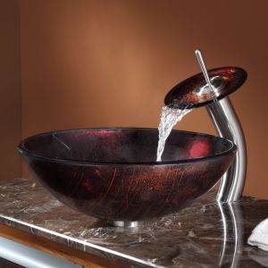 Kraus C GV 682 12mm 10SN Copper Saturn Glass Vessel Sink and Waterfall Faucet