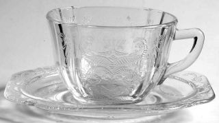 Indiana Glass Recollection Clear Cup and Saucer Set   Clear,Pressed,Scroll Desig