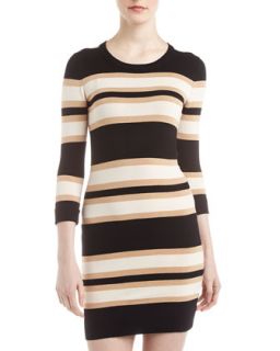 Striped 3/4 Sleeve Dress, Black/Camel/Cream
