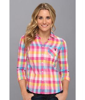 U.S. Polo Assn Cotton Poplin Long Sleeve Plaid Shirt Womens Long Sleeve Button Up (Pink)