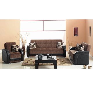 Utica Sofa Loveseat Living Room Set (Wood, metalFinish MetalUpholstery material Bi cast leather, fabricUpholstery color BrownEach piece has a storage compartmentSeat height 18 inchesSofa dimensions 21 inches high x 75 inches wide x 21 inches deepLove