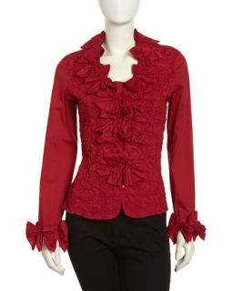 Crinkled Stretch Knit Bow Ruffle Blouse, Red