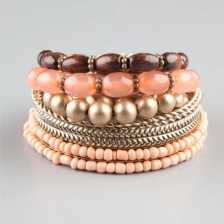 9 Piece Wood/Gold/Peach/Coral Bracelets Peach One Size For Women 23468