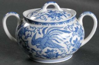 Noritake Howo Sugar Bowl & Lid, Fine China Dinnerware   Blue Band,Birds & Flower