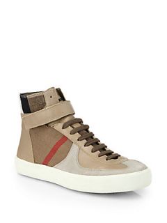 Burberry Farnham Check Leather High Top Sneakers   Sand