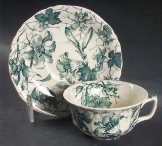 Alfred Meakin Bourbon Lily Green Flat Cup & Saucer Set, Fine China Dinnerware  