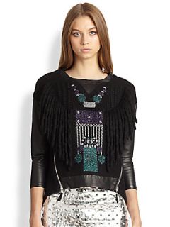 MILLY Nora Embellished Leather Combo Top   Black