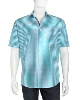 Gingham Short Sleeve Sport Shirt, Aqua