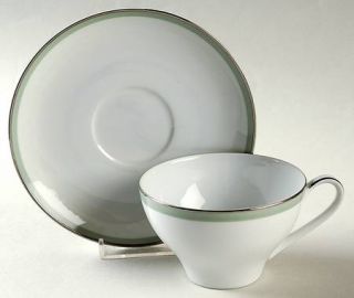 Noritake Greentone Flat Cup & Saucer Set, Fine China Dinnerware   Green Band On