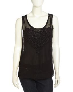 Embroidered Crepe Tank, Black