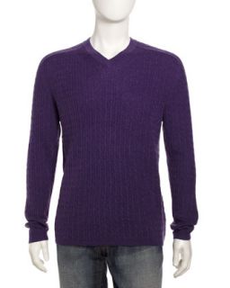 Cable V Neck Sweater, Purple