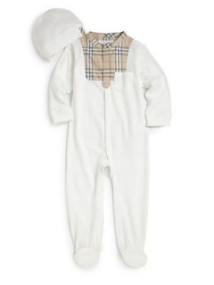 Burberry Infants Two Piece Check Trim Footie & Hat Gift Set   Light Check