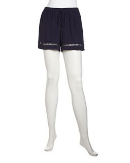 Embroidered Drawstring Crepe Shorts, Navy