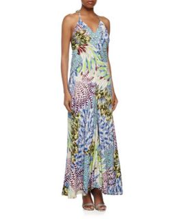 Tropical Print Halter Maxi Dress, Blue Tropical