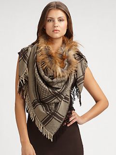 Gucci Fox Fur Trimmed GG Pattern Shawl   Beige