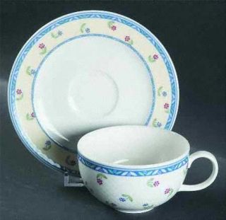 Villeroy & Boch Adeline Flat Cup & Saucer Set, Fine China Dinnerware   Blue Band