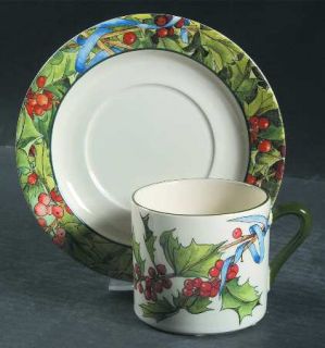 Gien Le Houx Flat Cup & Saucer Set, Fine China Dinnerware   Holly & Berries, Blu