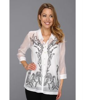 NIC+ZOE Caliente Exotic Flowers Top Womens Long Sleeve Button Up (White)